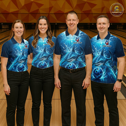 Four people wearing matching blue bowling shirts with a dolphin design on a bowling alley.