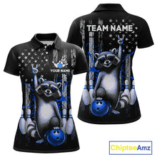 Load image into Gallery viewer, two views of american flag polo shirt with raccoon design and customizable text on a white background