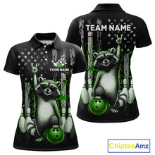 Load image into Gallery viewer, Two views of american flag polo shirt with raccoon design and customizable text on a white background