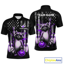 Load image into Gallery viewer, Two views of American flag polo shirt with raccoon design and customizable text on a white background