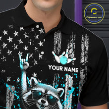 Load image into Gallery viewer, Black polo shirt with raccoon graphic and customizable text on a dark background