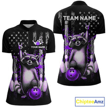 Load image into Gallery viewer, Two views of American flag quarter-zip shirt with raccoon design and customizable text on a white background