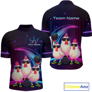 Neon Funny Family of Three Chicken Bowling Team Shirt for Men Bowling League Jersey Outfit Polo & 1/4-Zip QZT761