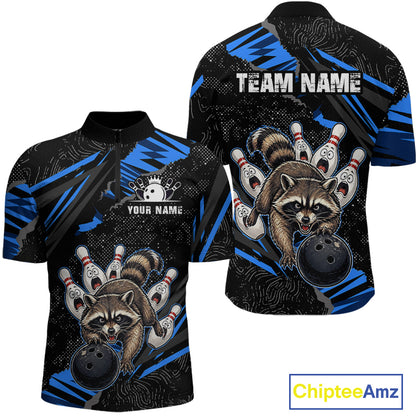 Personalized Blue Raccoon Bowling Shirt for Men Bowling Jersey League Polo & 1/4-Zip Outfit QZT1014