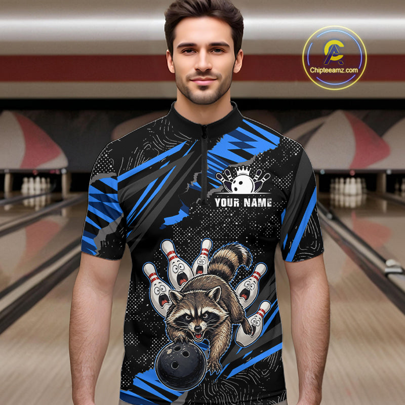 Personalized Blue Raccoon Bowling Shirt for Men Bowling Jersey League Polo & 1/4-Zip Outfit QZT1014