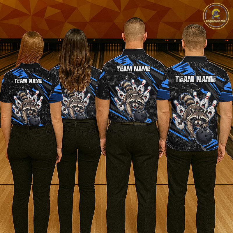 Personalized Blue Raccoon Bowling Shirt for Women Bowling Jersey League Polo & 1/4-Zip Outfit QZT1014