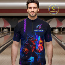 Load image into Gallery viewer, Man wearing custom navy alligator bowling quarter-zip shirt front view featuring a glowing bowling ball and neon blue purple artwork, displaying Your Name, at the bowling alley