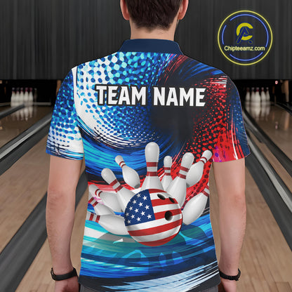 A man viewed from behind wearing a custom bowling-themed short-sleeve polo shirt with a patriotic red, white, and blue design featuring a bowling ball and pins graphic, set against a bowling alley background.