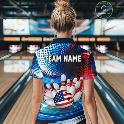 Custom American Flag Bowling Team Jersey for Women Patriotic Bowling Shirt Bowling Outfit QZT1182