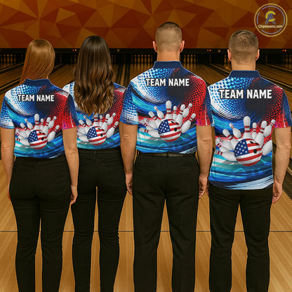 Four people standing in a bowling alley viewed from behind, wearing matching custom bowling shirts with a patriotic American flag design and the text 'TEAM NAME' on the back.