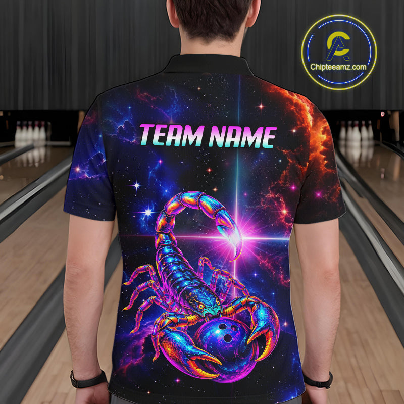 A man viewed from behind wearing a short-sleeve collared shirt with a vivid cosmic space print and a large colorful scorpion graphic on the back. The shirt also has the text 'TEAM NAME' across the upper back.
