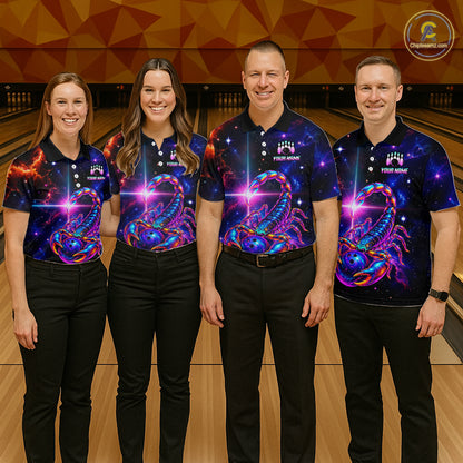 Four people standing in a bowling alley wearing matching dark blue bowling shirts with a colorful cosmic scorpion graphic and black pants.
