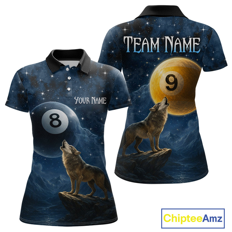 Two views of polo shirts with wolf and pool ball designs, one with 'Your Name' and 'Team Name' text, the other with a wolf and number 9 on a moonlit background.