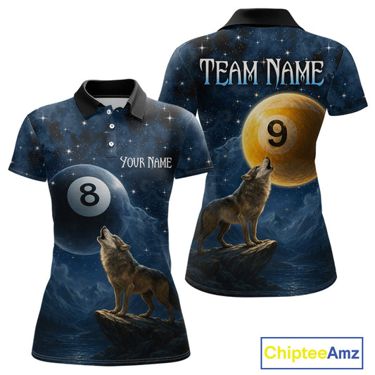 Two views of polo shirts with wolf and pool ball designs, one with 'Your Name' and 'Team Name' text, the other with a wolf and number 9 on a moonlit background.