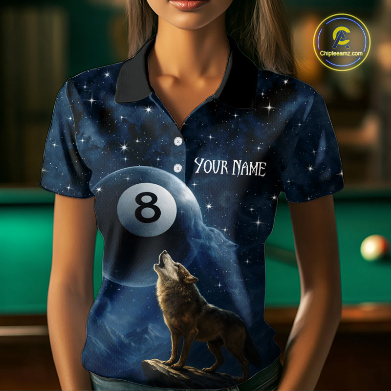 Person wearing a blue shirt with a wolf and number 8 design, standing in front of a pool table.
