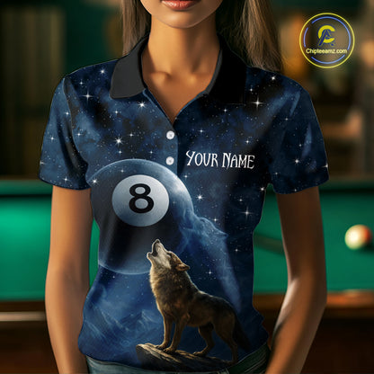 Person wearing a blue shirt with a wolf and number 8 design, standing in front of a pool table.