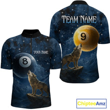 Load image into Gallery viewer, Two views of a shirt with wolf designs and pool balls, one with 'Team Name' and 'Your Name' text, the other with a 9 ball and mountain background.