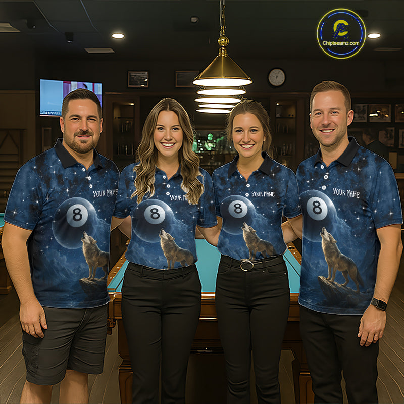 Four people wearing matching blue shirts with a wolf and number 8 design in a pool hall.