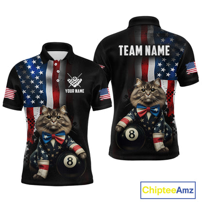 Black short-sleeve polo shirt shown from front and back with a patriotic American flag print, a cat wearing a bow tie and holding an 8-ball, and customizable text areas including 'TEAM NAME' and 'YOUR NAME'.