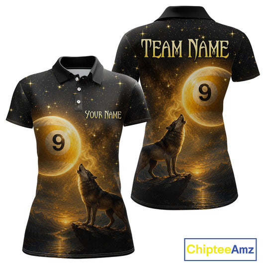 Customizable short-sleeve polo shirt shown from the front and back, featuring a black background with a glowing gold pool ball, a howling wolf, and gold text placeholders reading 'TEAM NAME' and 'YOUR NAME'.