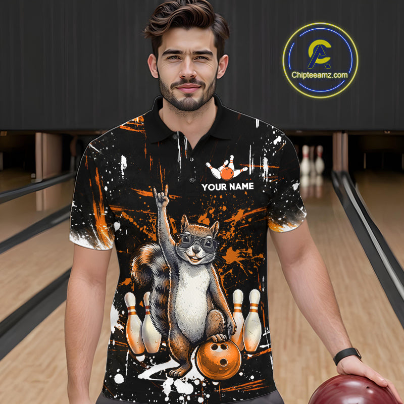 Custom Orange Funny Squirrel Bowling Shirt for Men Bowling Team League Polo & 1/4-Zip Bowling Outfit QZT982