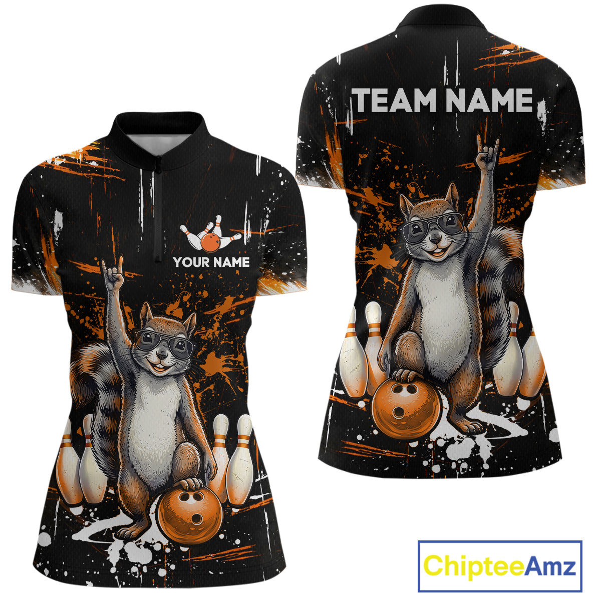 Custom Orange Funny Squirrel Bowling Shirt for Women Bowling Team League Polo & Quarter-Zip QZT982