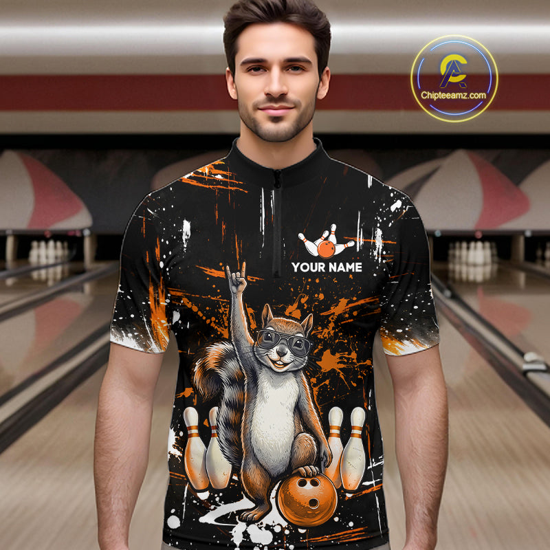 Custom Orange Funny Squirrel Bowling Shirt for Men Bowling Team League Polo & 1/4-Zip Bowling Outfit QZT982