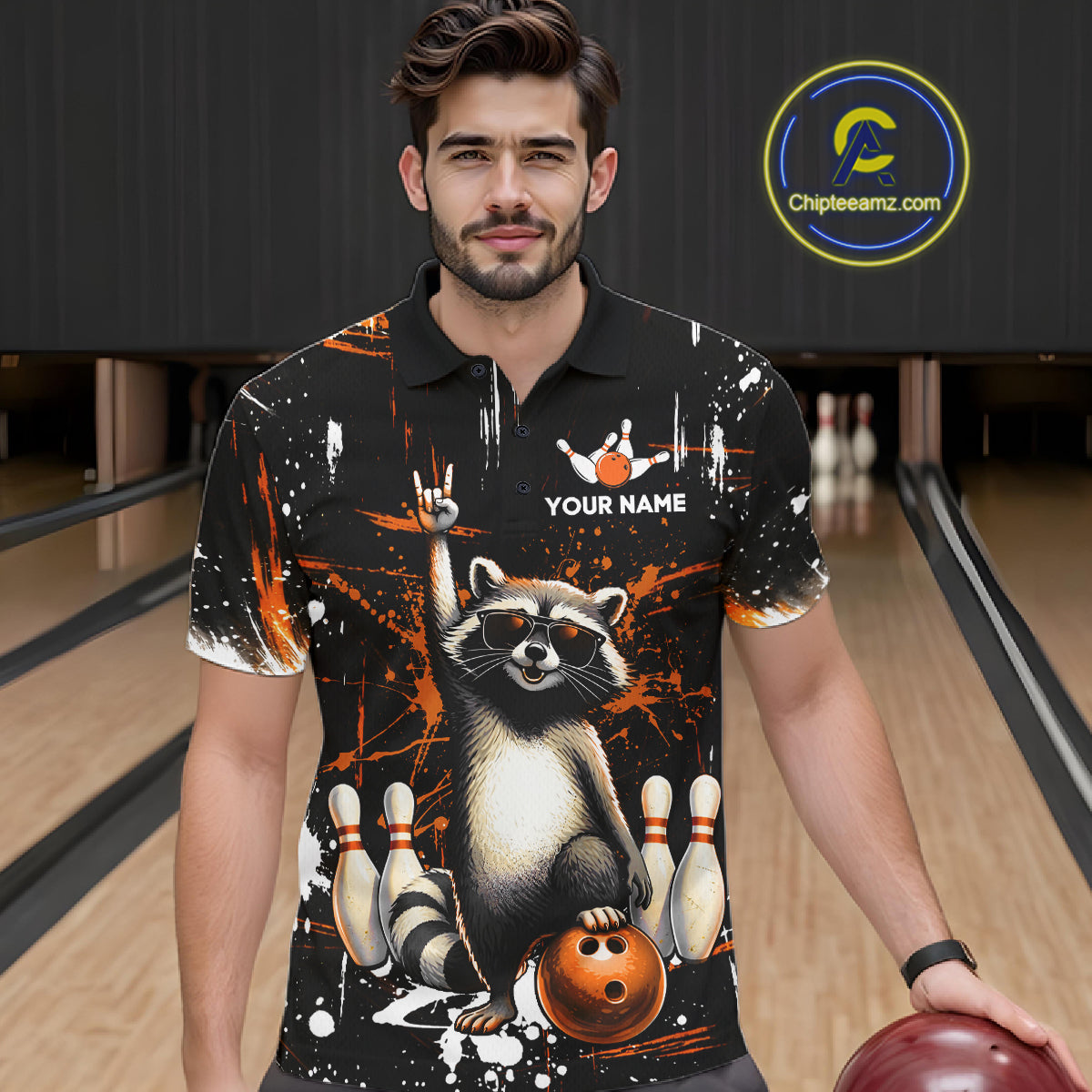 Orange Funny Raccoon Bowling Team Shirt Customized Bowling League Polo & 1/4 Zip Gift for Men QZT852