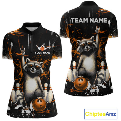 Orange Funny Raccoon Bowling Team Shirt Customized Bowling League Polo & 1/4 Zip Gift for Women QZT852