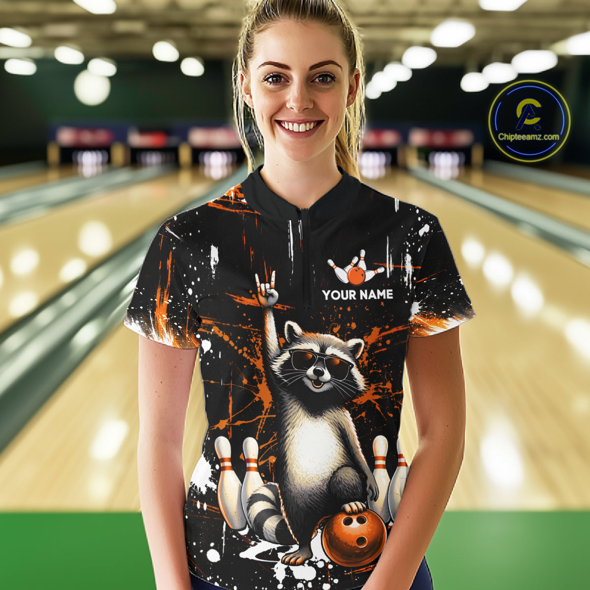 Orange Funny Raccoon Bowling Team Shirt Customized Bowling League Polo & 1/4 Zip Gift for Women QZT852