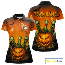 Load image into Gallery viewer, Halloween-themed polo shirt with pumpkins and zombies design, customizable text on an orange and black background.