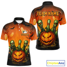 Load image into Gallery viewer, Halloween-themed polo shirt with pumpkins and zombies on a white background