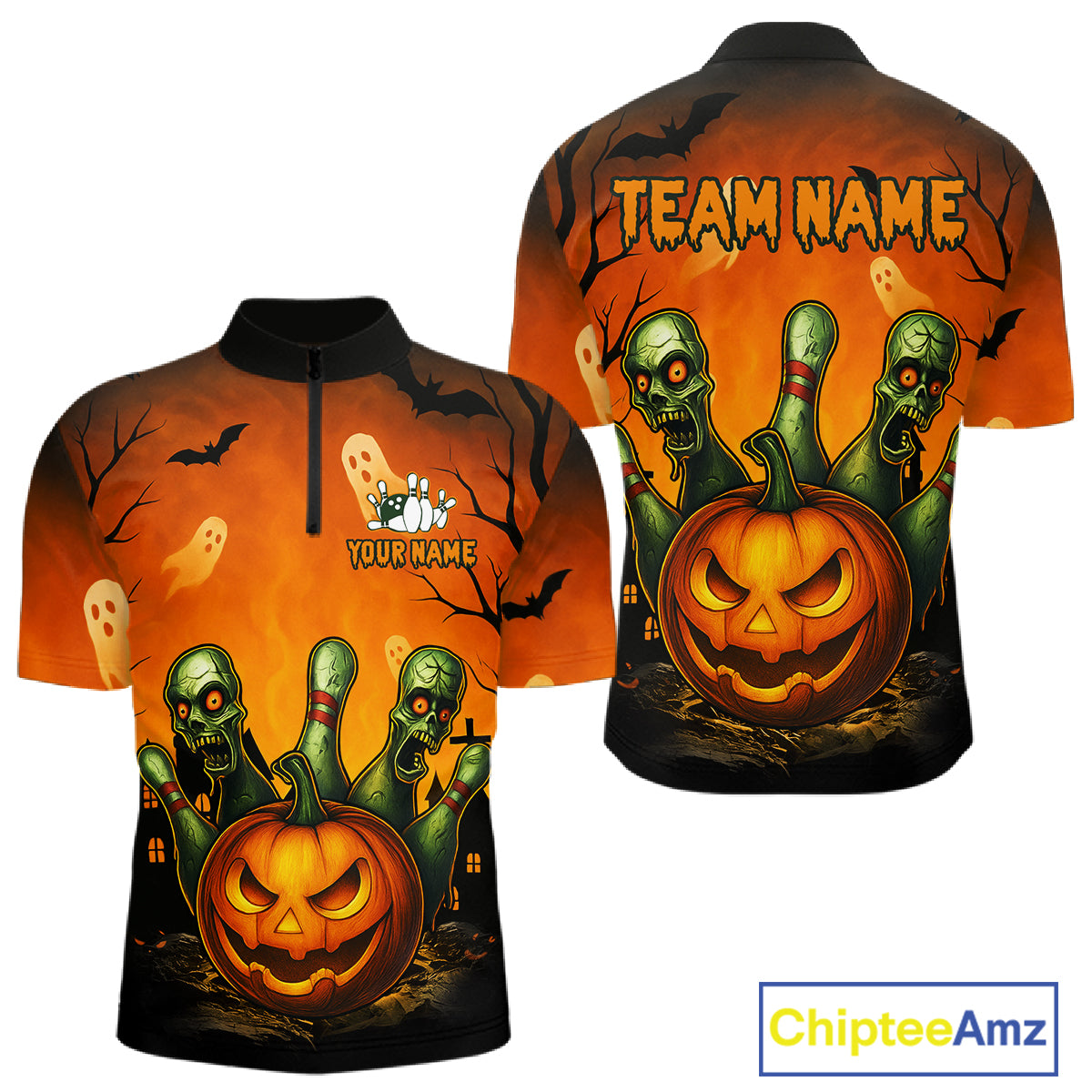 Halloween-themed shirt with pumpkins, ghosts, and bats on an orange background.
