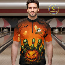 Load image into Gallery viewer, Man wearing a Halloween-themed shirt with pumpkins and ghosts in a bowling alley.