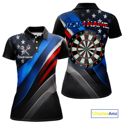 Front and back view of a custom dart polo shirt featuring a patriotic dartboard graphic with red, blue, and silver diagonal stripes, personalized team name and player name.