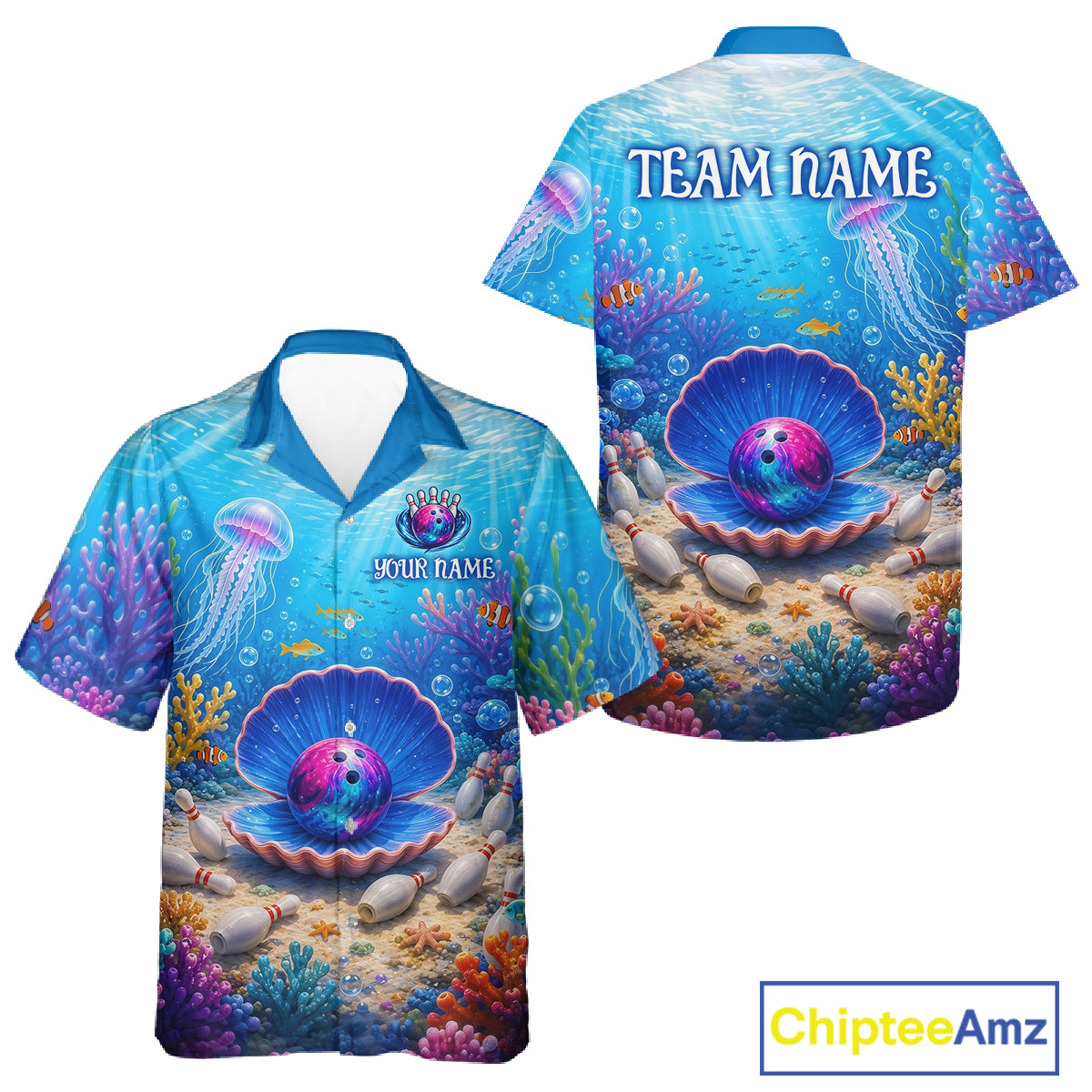 Colorful ocean-themed shirt with pearl design on a white background