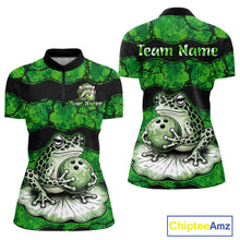 Load image into Gallery viewer, Front and back views of a green frog-themed short-sleeve quarter-zip jersey with black collar and chest band, featuring a large frog and bowling ball graphic, customizable text placeholders, and a ChipteeAmz logo on a white background.