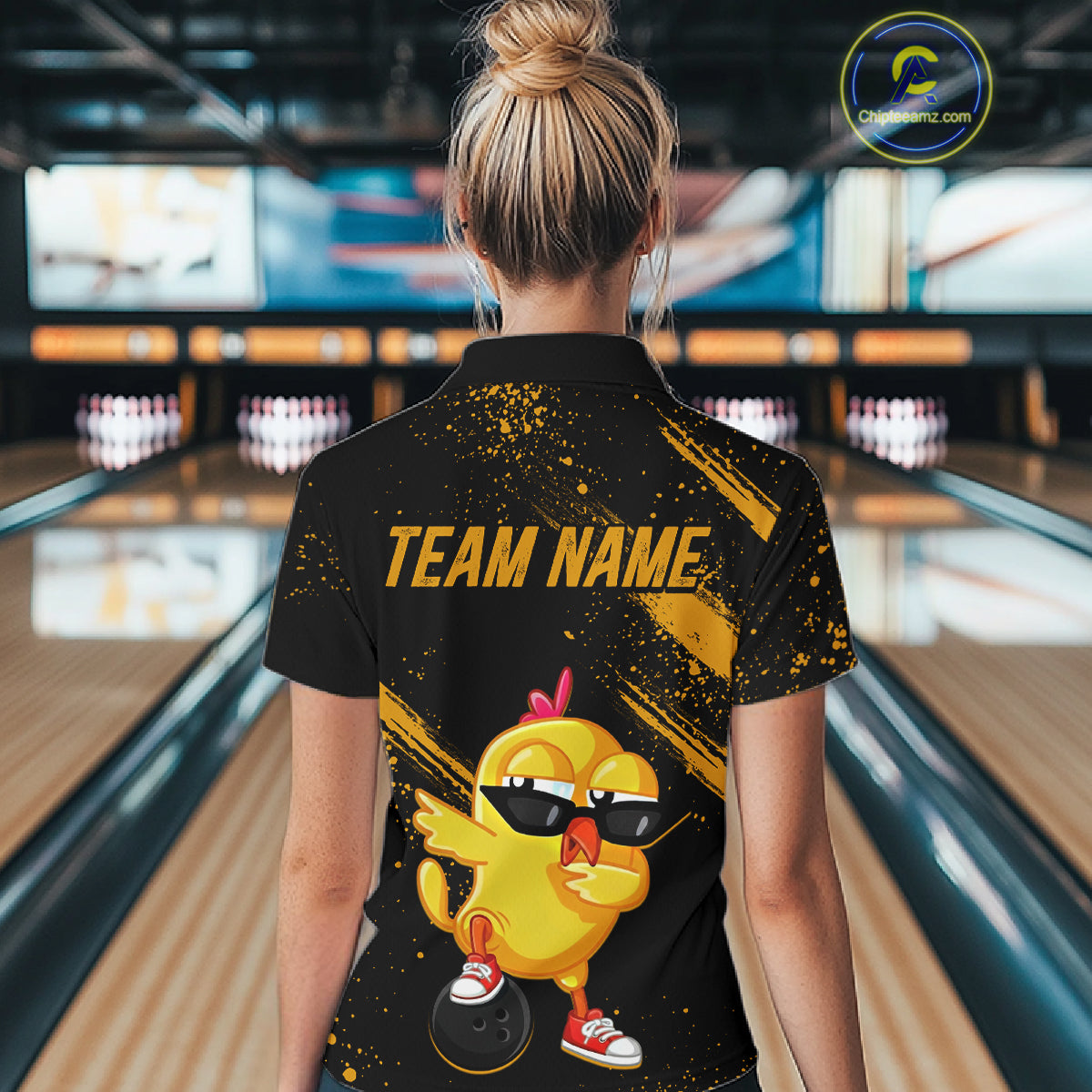 Funny Yellow Chicken Bowling Shirt Custom Polo & 1/4-Zip Bowling League Jersey for Women QZT856