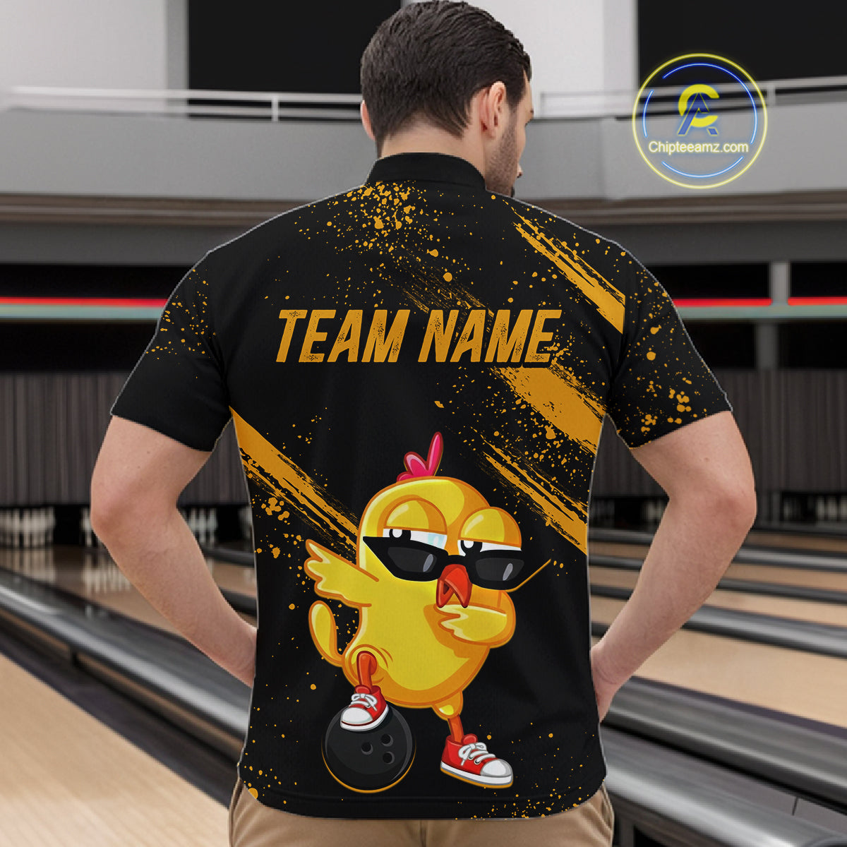 Funny Yellow Chicken Bowling Shirt Custom Polo & 1/4-Zip Bowling League Jersey for Men QZT856