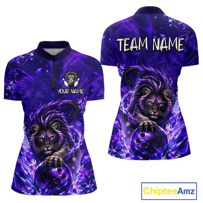 Front and back views of a women's short-sleeve polo shirt featuring a purple and black cosmic lion graphic holding a bowling ball, with customizable text areas on the front and back, shown on a white background with a ChipteeAmz logo in the corner.
