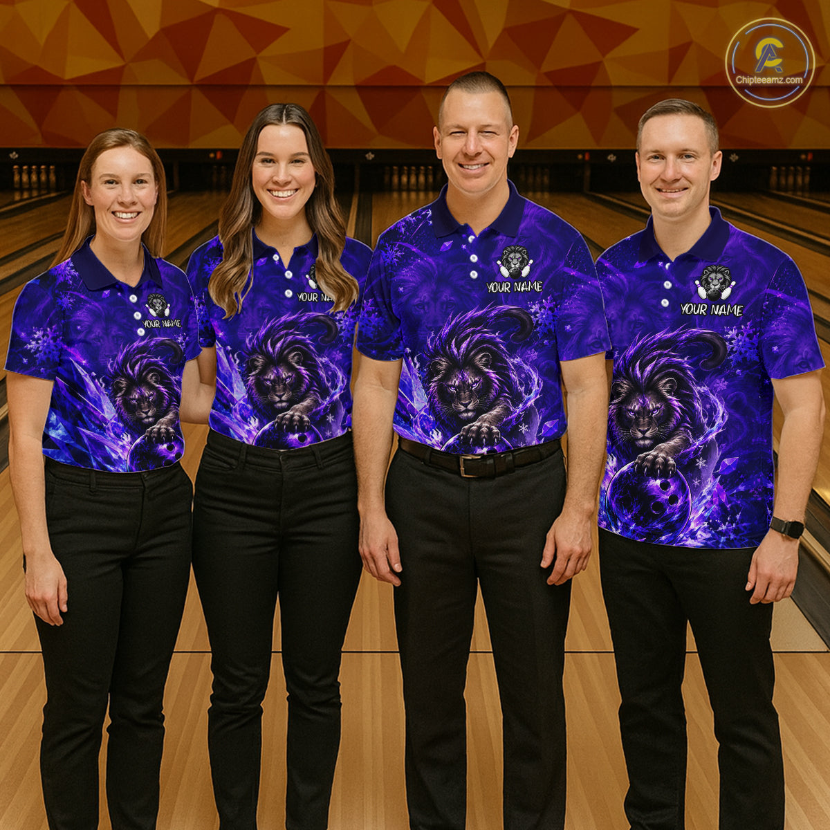 Four people standing together in a bowling alley wearing matching custom-designed purple and black bowling shirts with a lion graphic, paired with black pants.