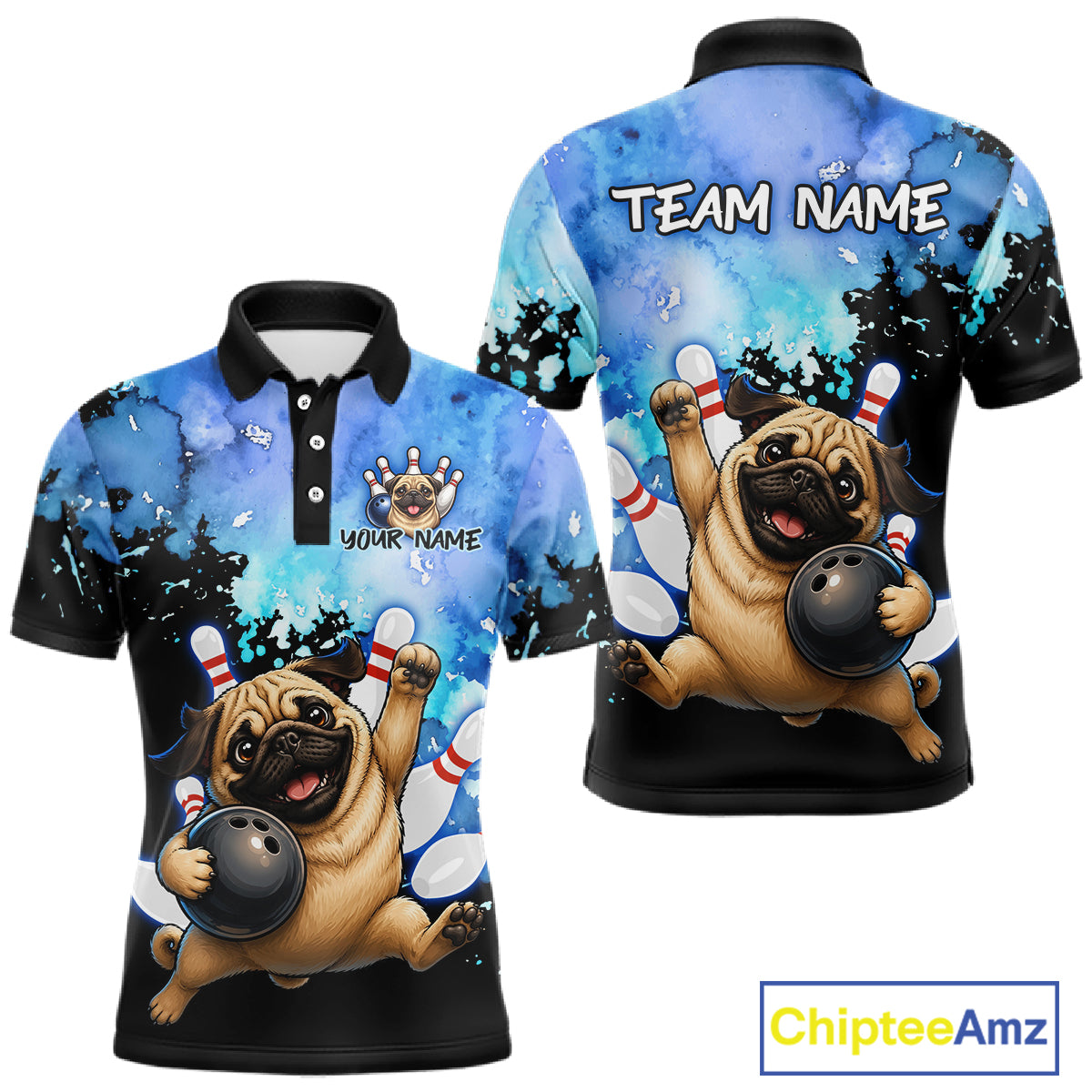 Front and back views of a short-sleeve polo shirt featuring a cartoon pug bowling graphic on a blue watercolor-style background, with customizable text areas on the chest and back