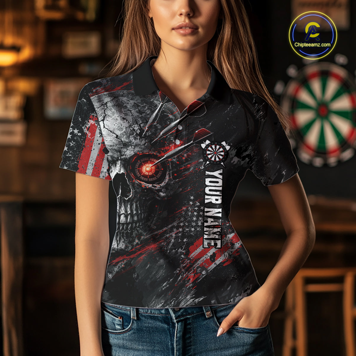 Personalized Skull Dart Team Shirt for Women Custom Red Dart Jersey Polo & 1/4-Zip Dartboard Shirt Outfit DHT23