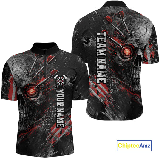 Personalized Skull Dart Team Shirt for Men Custom Red Dart Jersey Polo & 1/4-Zip Dartboard Shirt Outfit DHT23