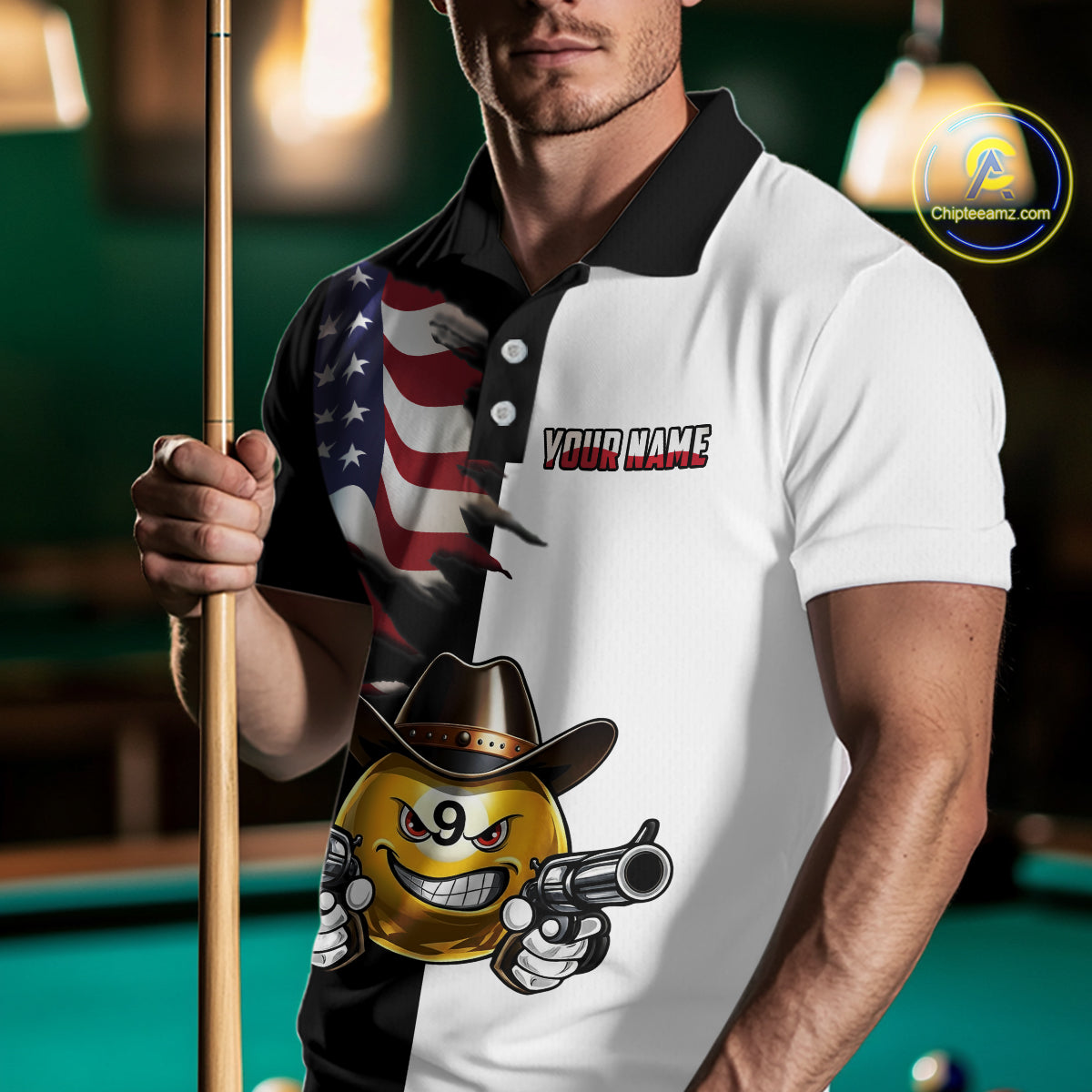 Custom American Flag Funny 8 Ball Pool Billiard Shirts for Men Billiard League Jersey Polo & 1/4 Zip BHT1