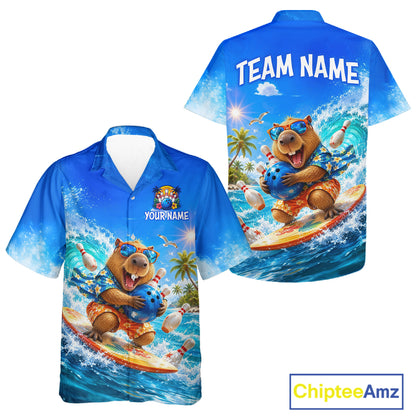 Blue shirt with bear surfing design on a white background, featuring 'Chiptee Amz' branding.