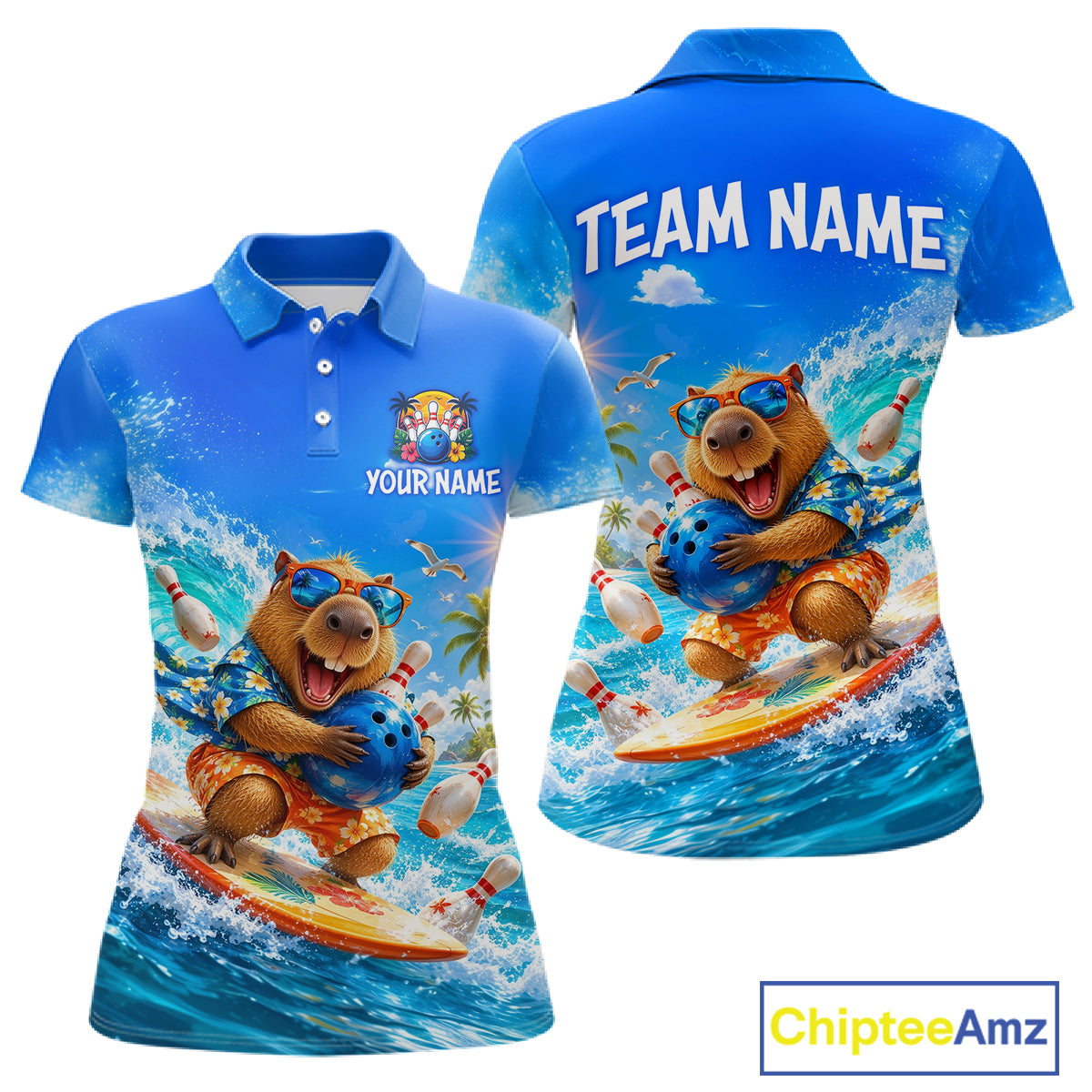Blue polo shirt with a bear surfing design on a white background, featuring 'Chiptee Amz' branding.
