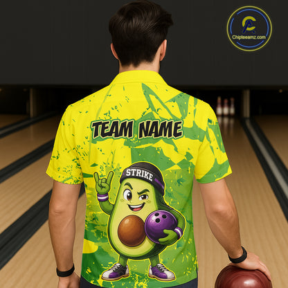 Person wearing a bright yellow bowling shirt with an avocado character and 'Team Name' text on a bowling alley background.