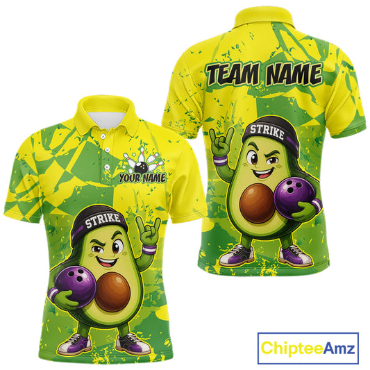 Colorful bowling shirt with avocado character design and customizable text on a white background