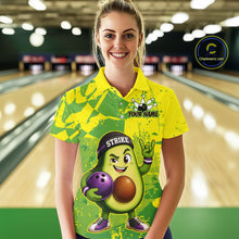 Load image into Gallery viewer, Person wearing a colorful bowling shirt with an avocado character design in a bowling alley.
